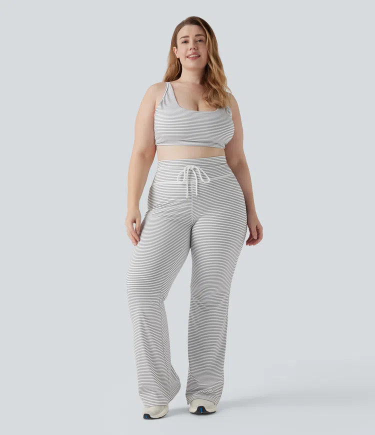 High Waisted Drawstring Stripe Flare Yoga Plus Size Trousers with Pockets