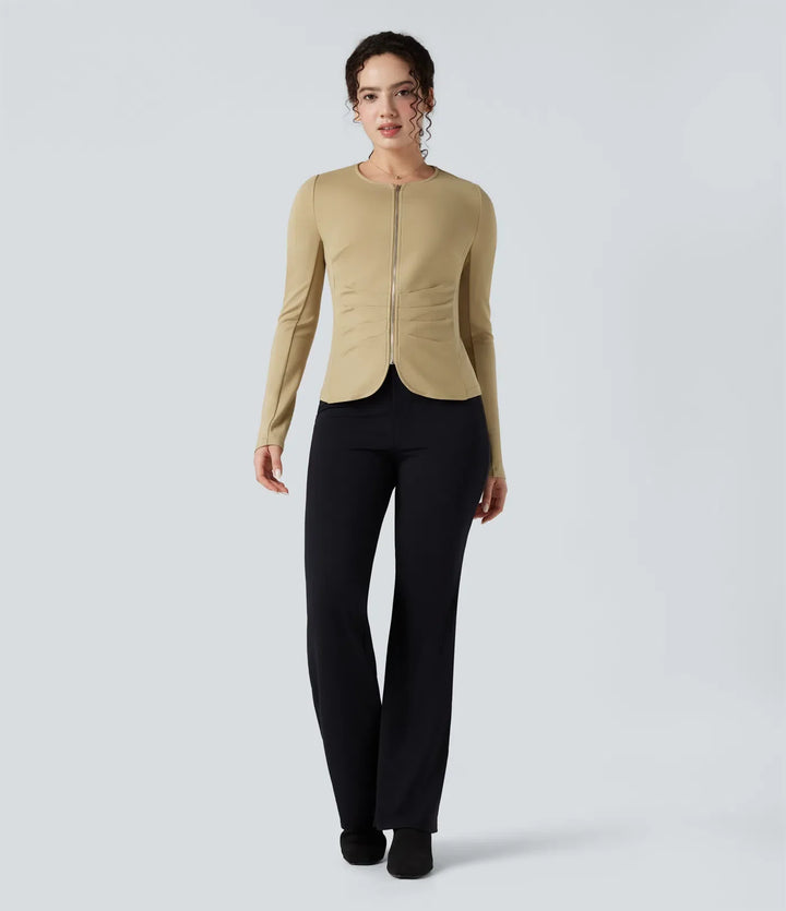 Round Neck Long Sleeve Ruched Zip Fly Work Blazer
