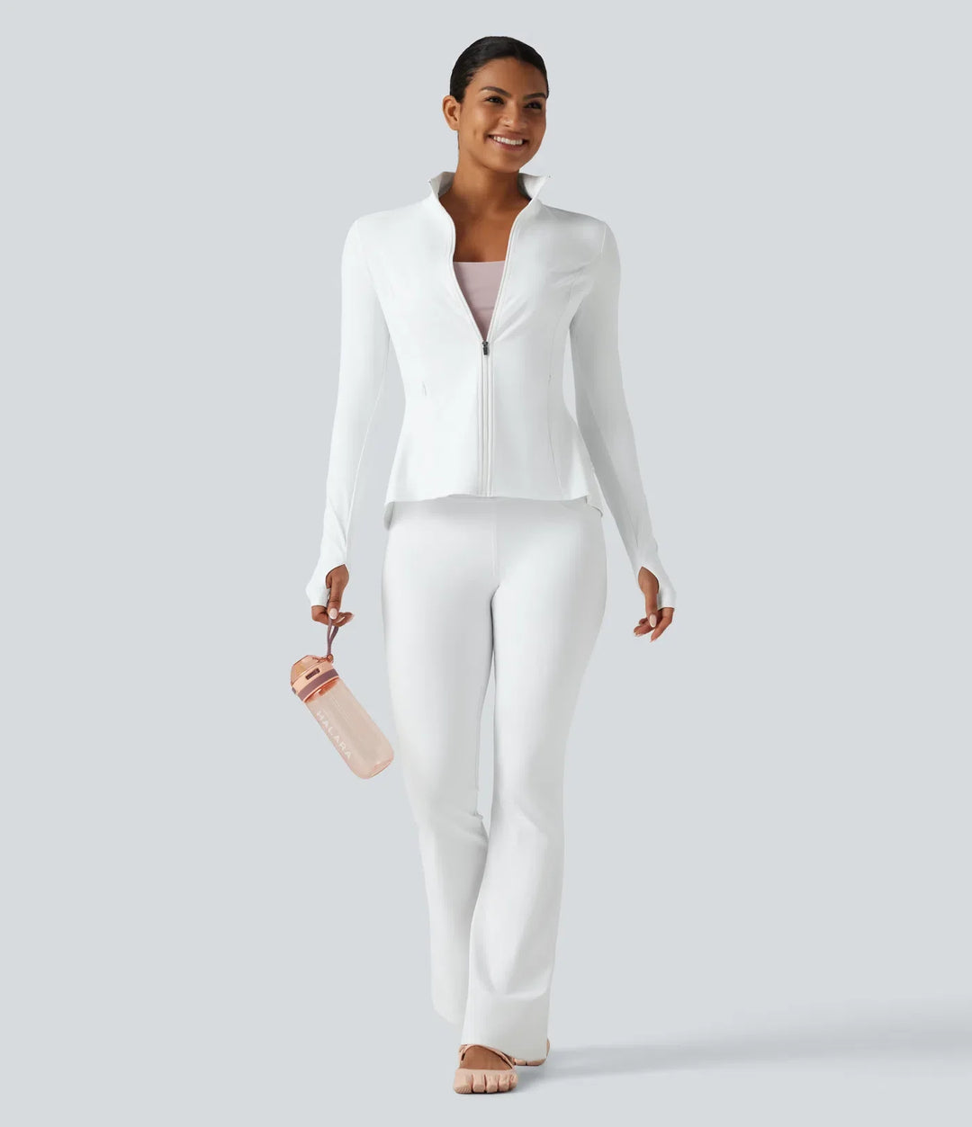 SoftlyZero Airy Stand Collar Long Sleeve Thumb Hole Eyelet Ruffle Hem InstantCool Yoga Jacket with Pockets-UPF50+