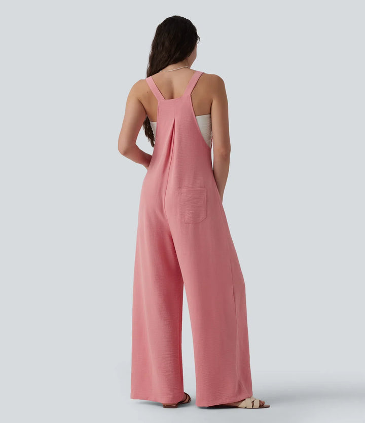 Adjustable Straps Pleated Linen-Feel Resort Overalls with Pockets