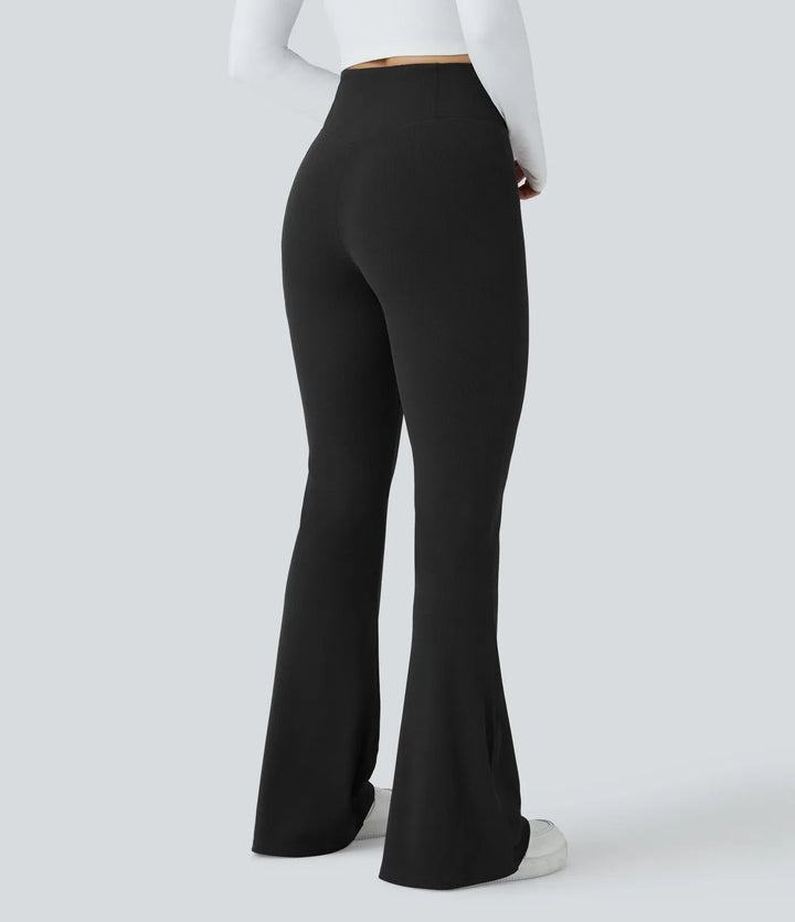 Crossover High Waisted Pocket Waffle Casual Flare Trousers