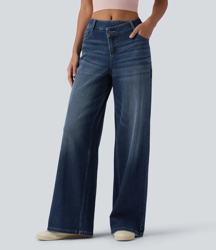 Halara Flex Asymmetric Mid Rise Wide Leg Casual Jeans with Pockets