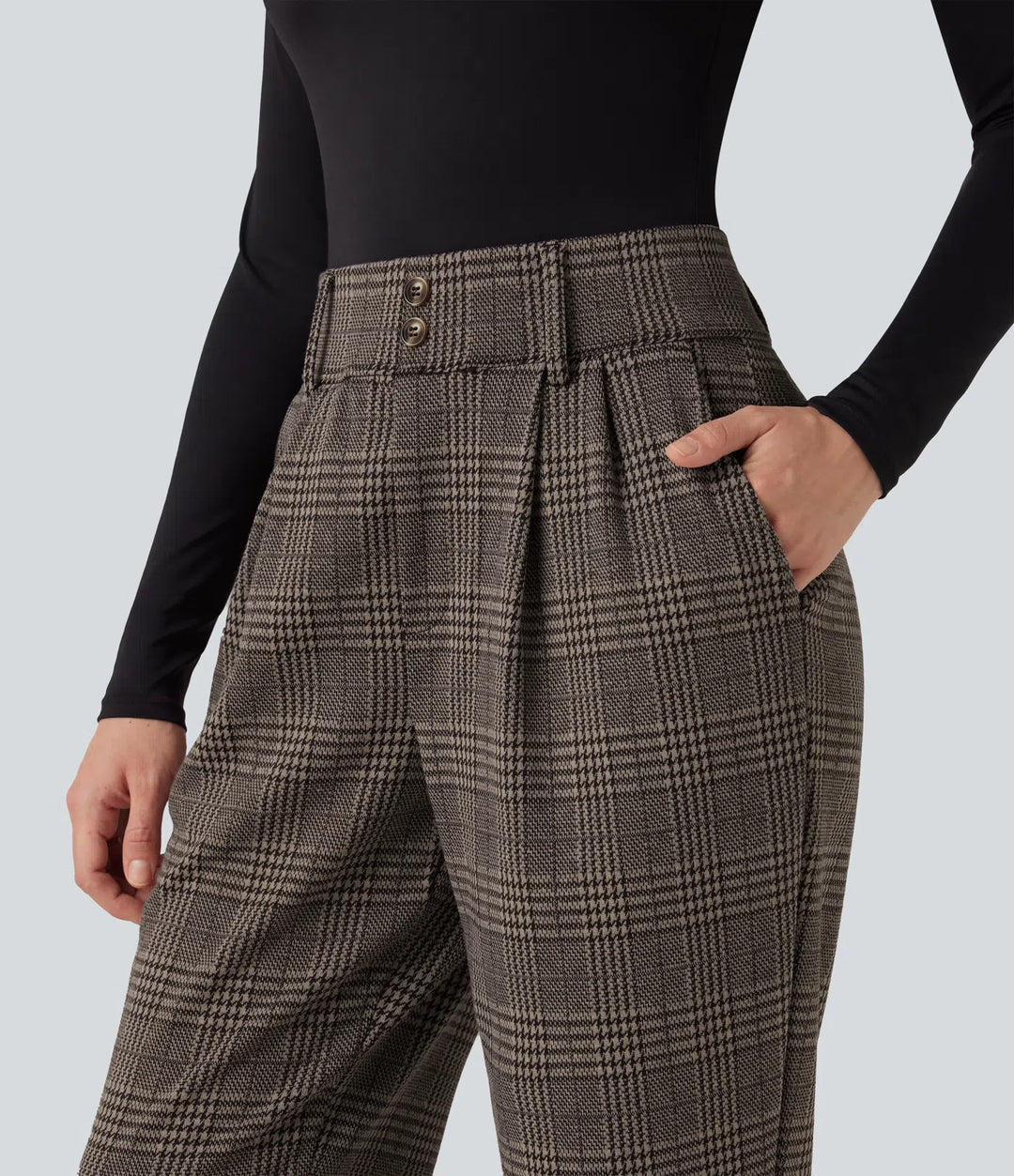 Halara Flex High Waisted Tapered Houndstooth Plaid Work Trousers with Pockets