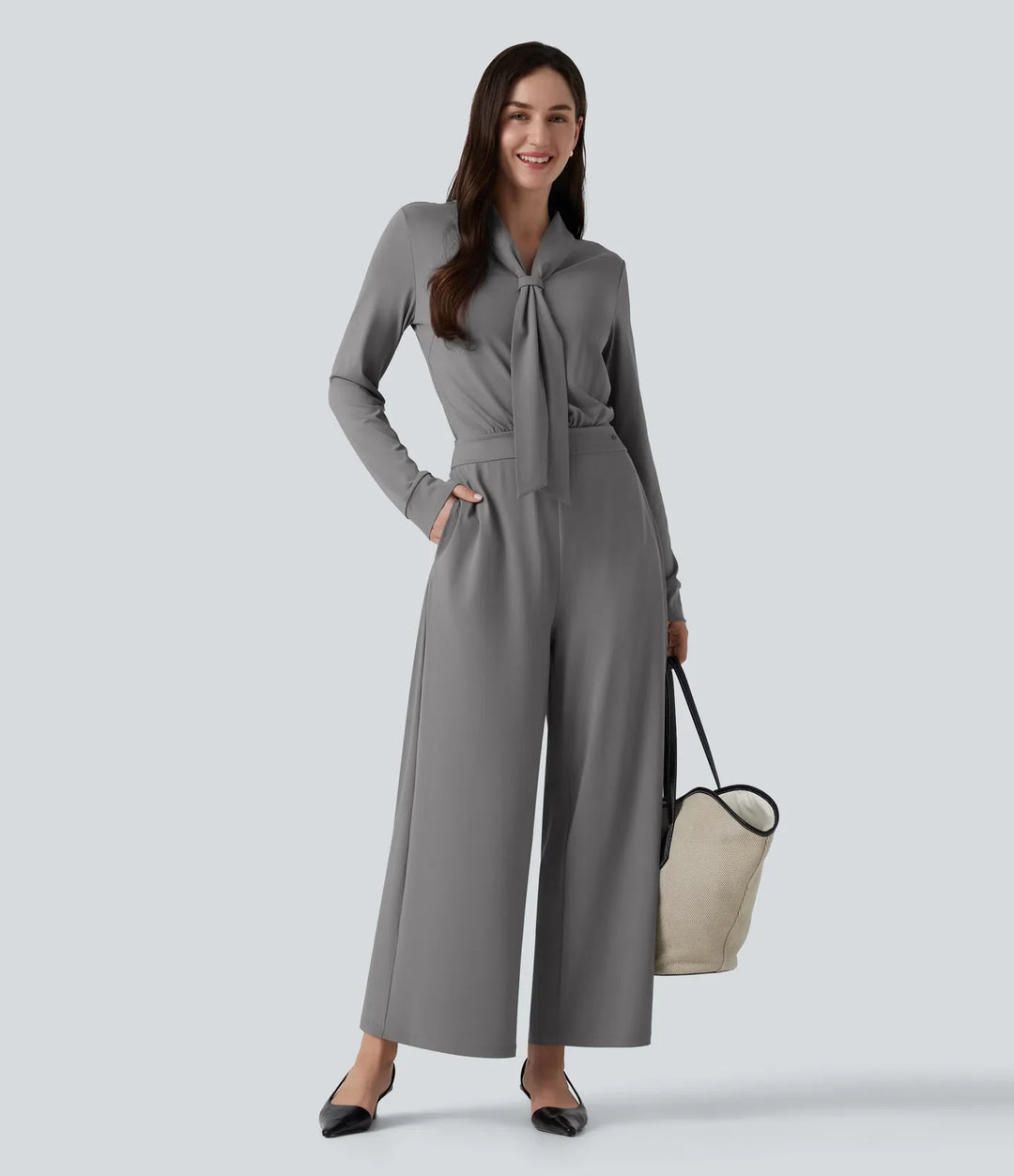 V Neck Long Sleeve Wide Leg Work Jumpsuit with Pockets-Easy Peezy Edition