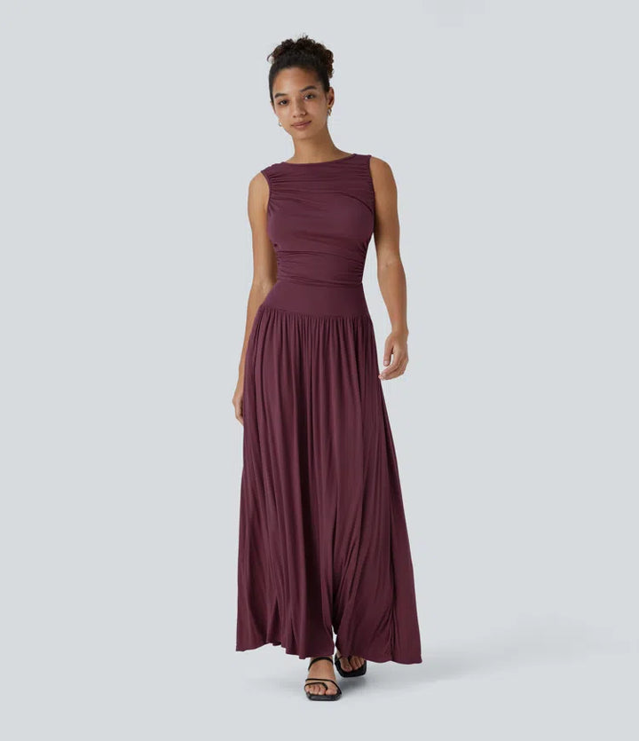 Ribbed Boat Neck Asymmetric Strap Ruched Side Pocket Flowy Maxi Casual Dress