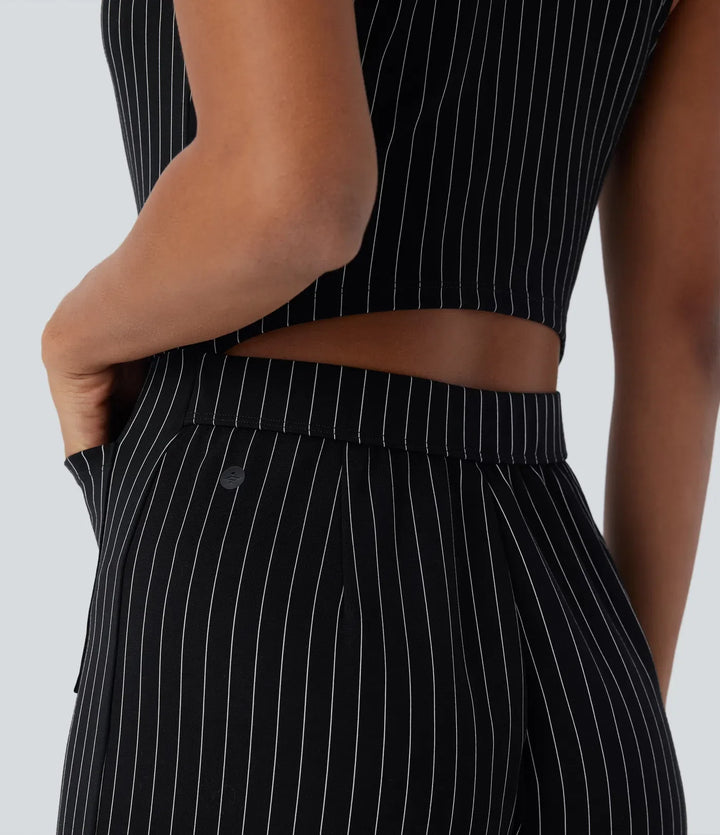 V Neck Sleeveless Cut Out Pockets Wide Leg Stripe InstantCool Work Jumpsuit
