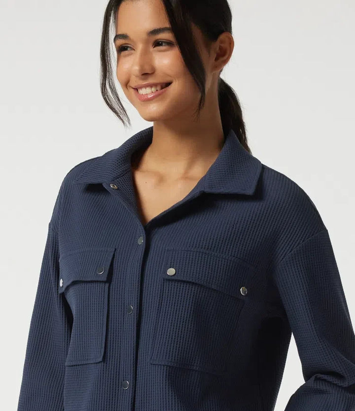Lapel Dropped Long Sleeve Waffle Casual Jacket with Pockets