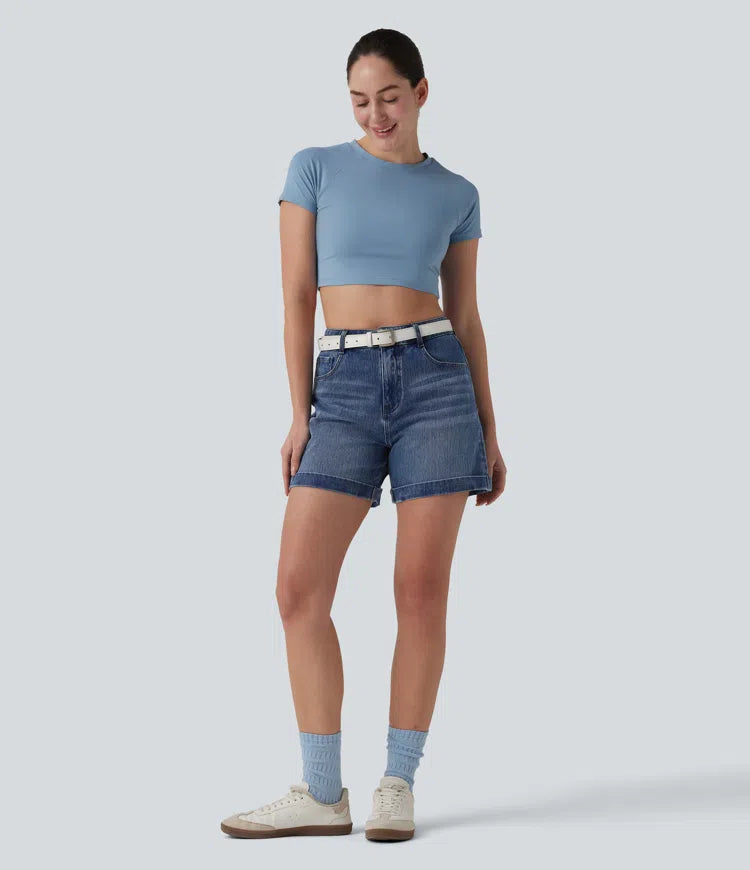 Halara Flex Mid Rise Rolled Hem Denim Casual Shorts 5&