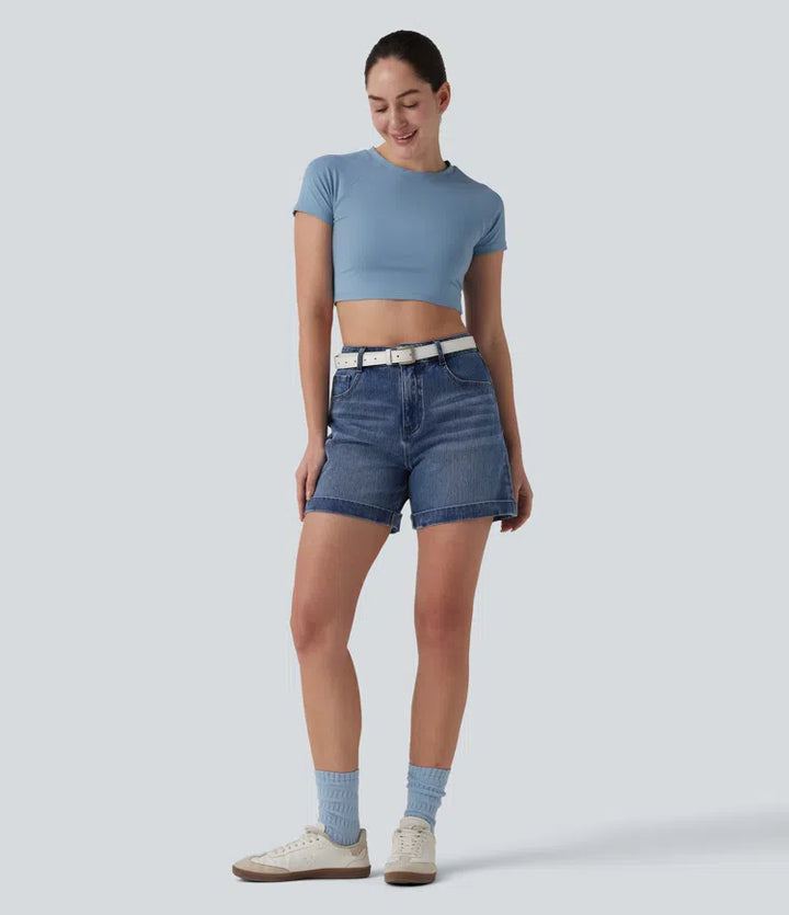 Halara Flex Mid Rise Rolled Hem Denim Casual Shorts 5&
