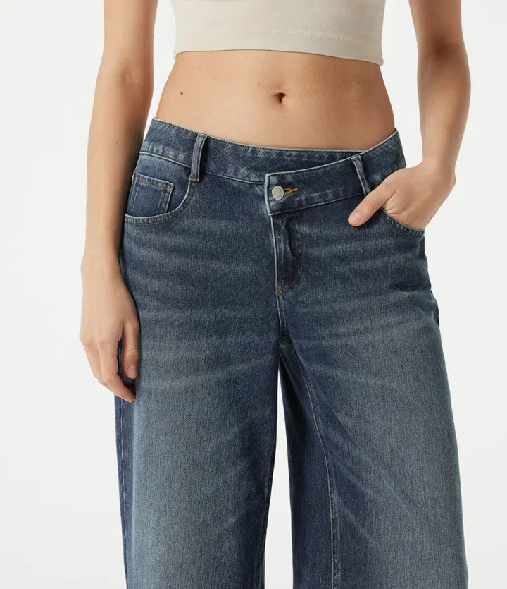 Halara Flex Asymmetric Low Rise Baggy Washed Casual Jeans with Pockets