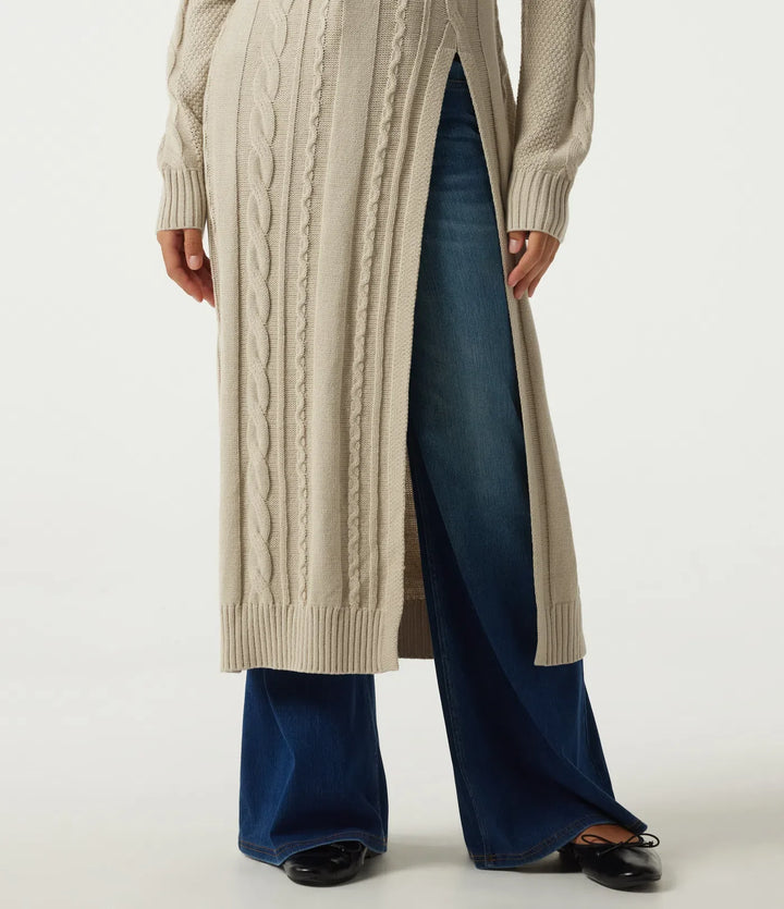 Mock Neck Long Sleeve Cable Stitch Casual Midi Jumper Dress