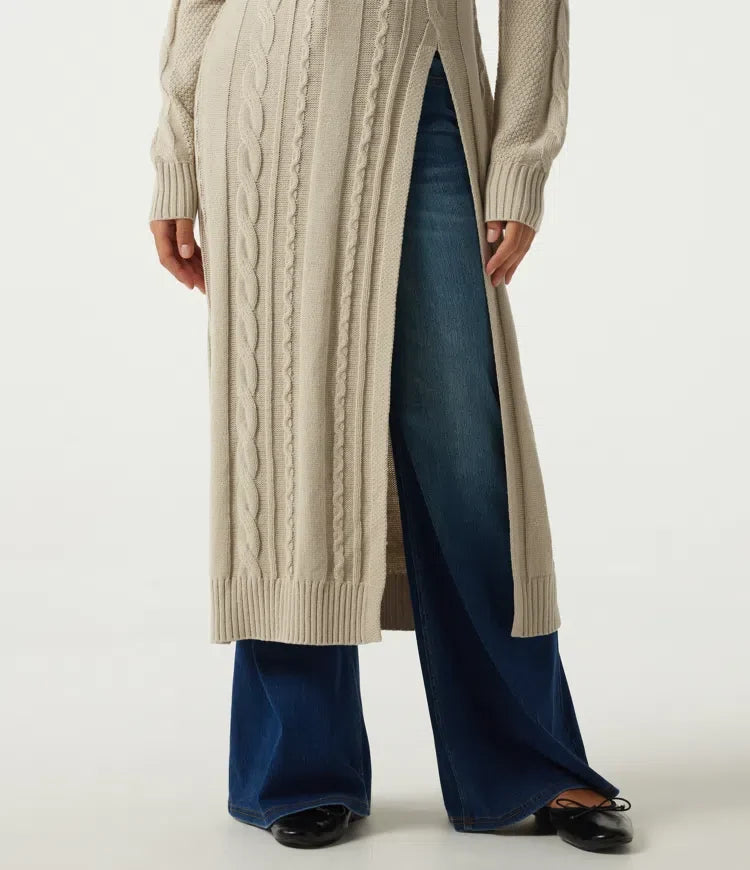 Mock Neck Long Sleeve Cable Stitch Casual Midi Jumper Dress