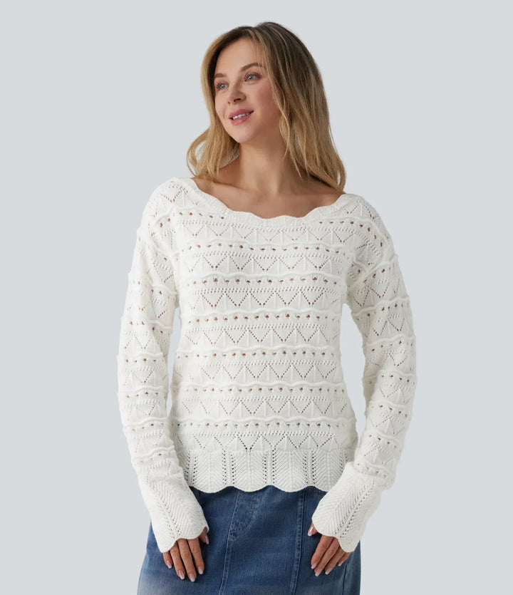 Boat Neck Long Sleeve Open Knit Casual Jumper