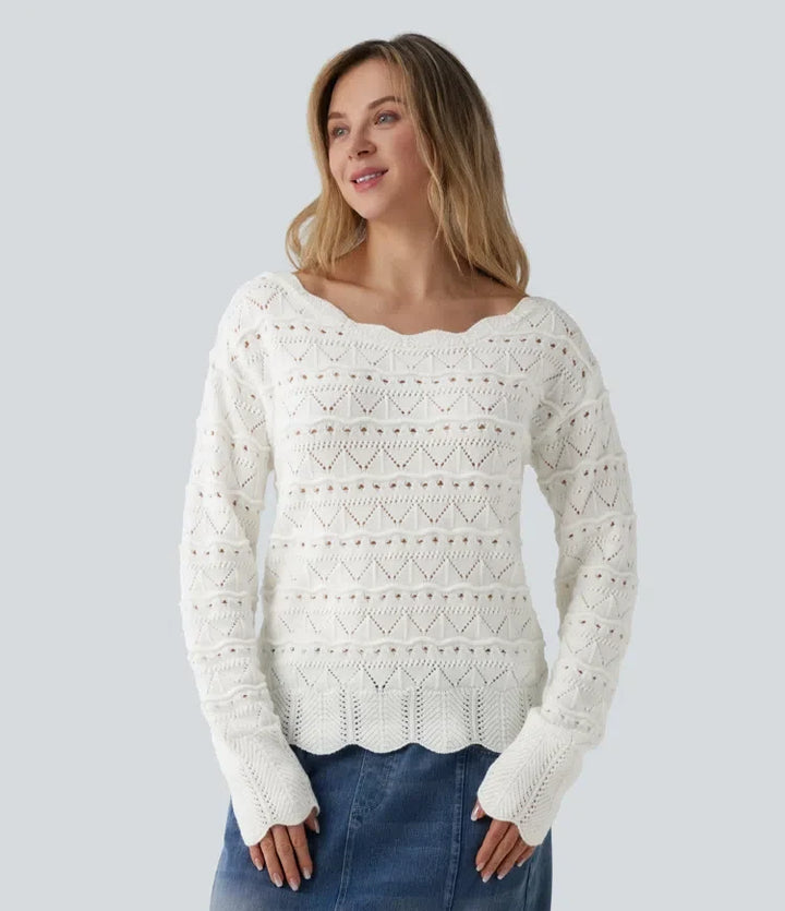 Boat Neck Long Sleeve Open Knit Casual Jumper