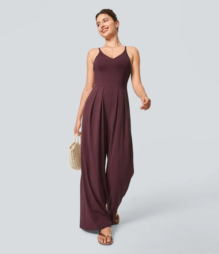 Breezeful Backless Side Invisible Zipper Pocket Wide Leg Quick Dry Resort Slip Jumpsuit