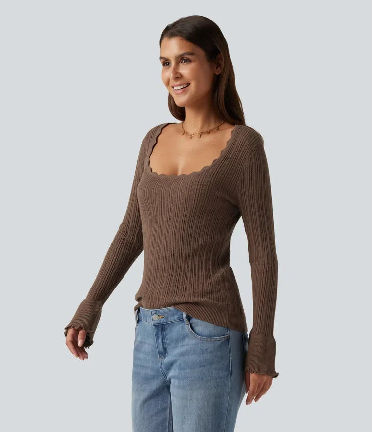 Square Neck Long Sleeve Casual Jumper