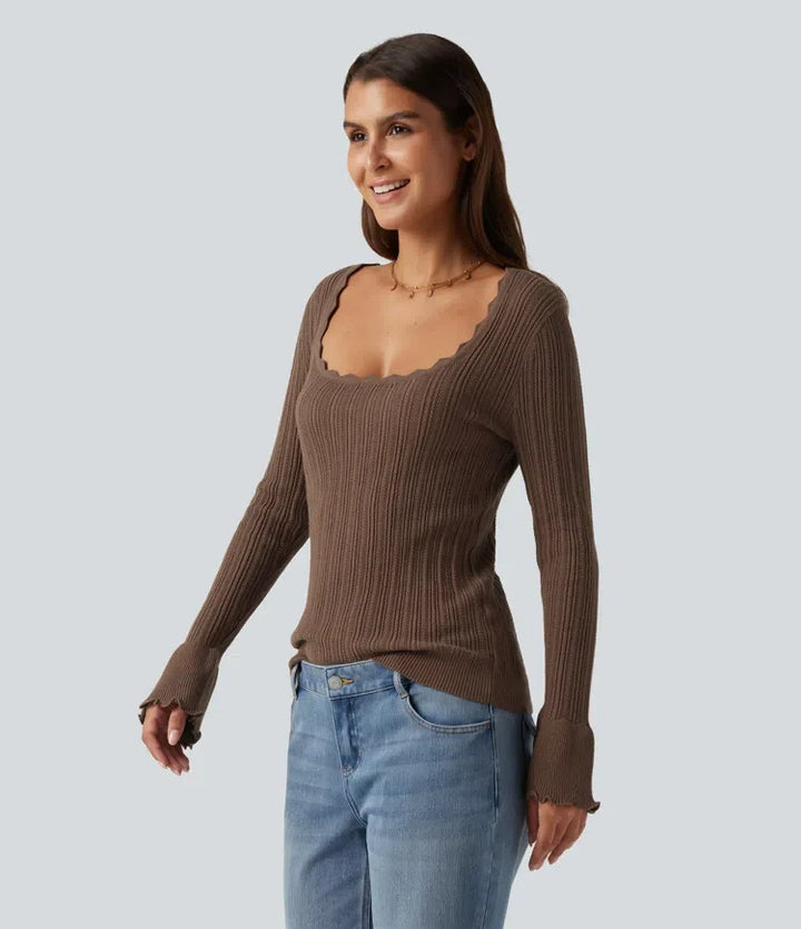 Square Neck Long Sleeve Casual Jumper