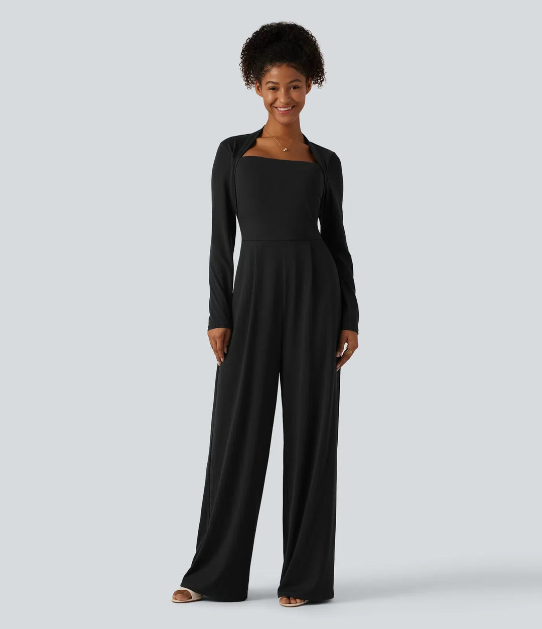 Long Sleeve Built-in Bra Wide Leg Jumpsuit with Pockets-Easy Peezy Edition DD-F Cups