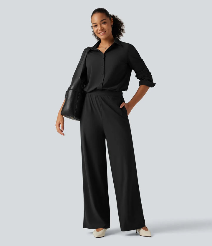 Long Sleeve Straight Leg Work Shirt Jumpsuit with Pockets-Easy Peezy Edition