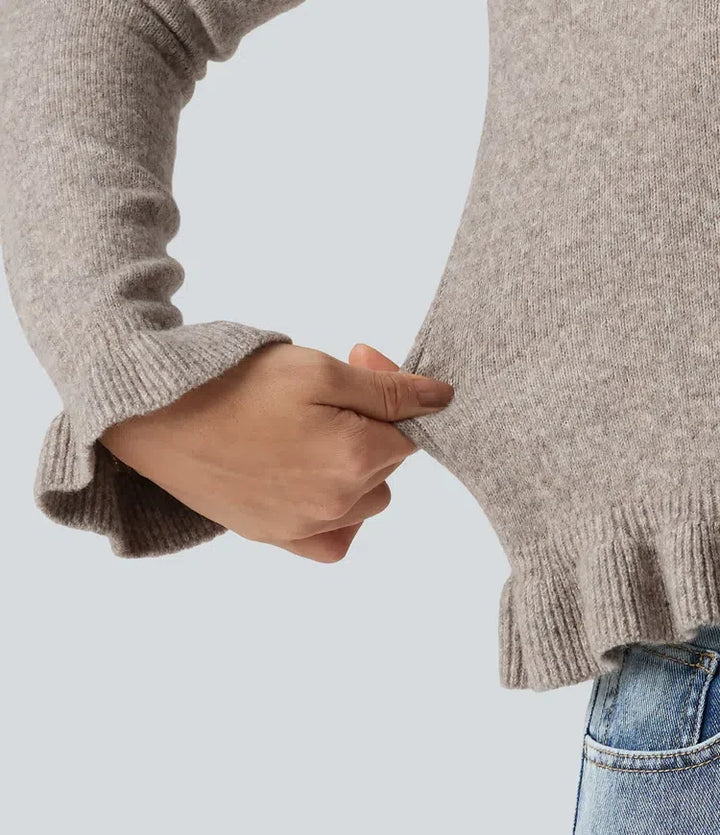 Round Neck Ruffle Long Sleeve Work Wool-Blend Cardigan