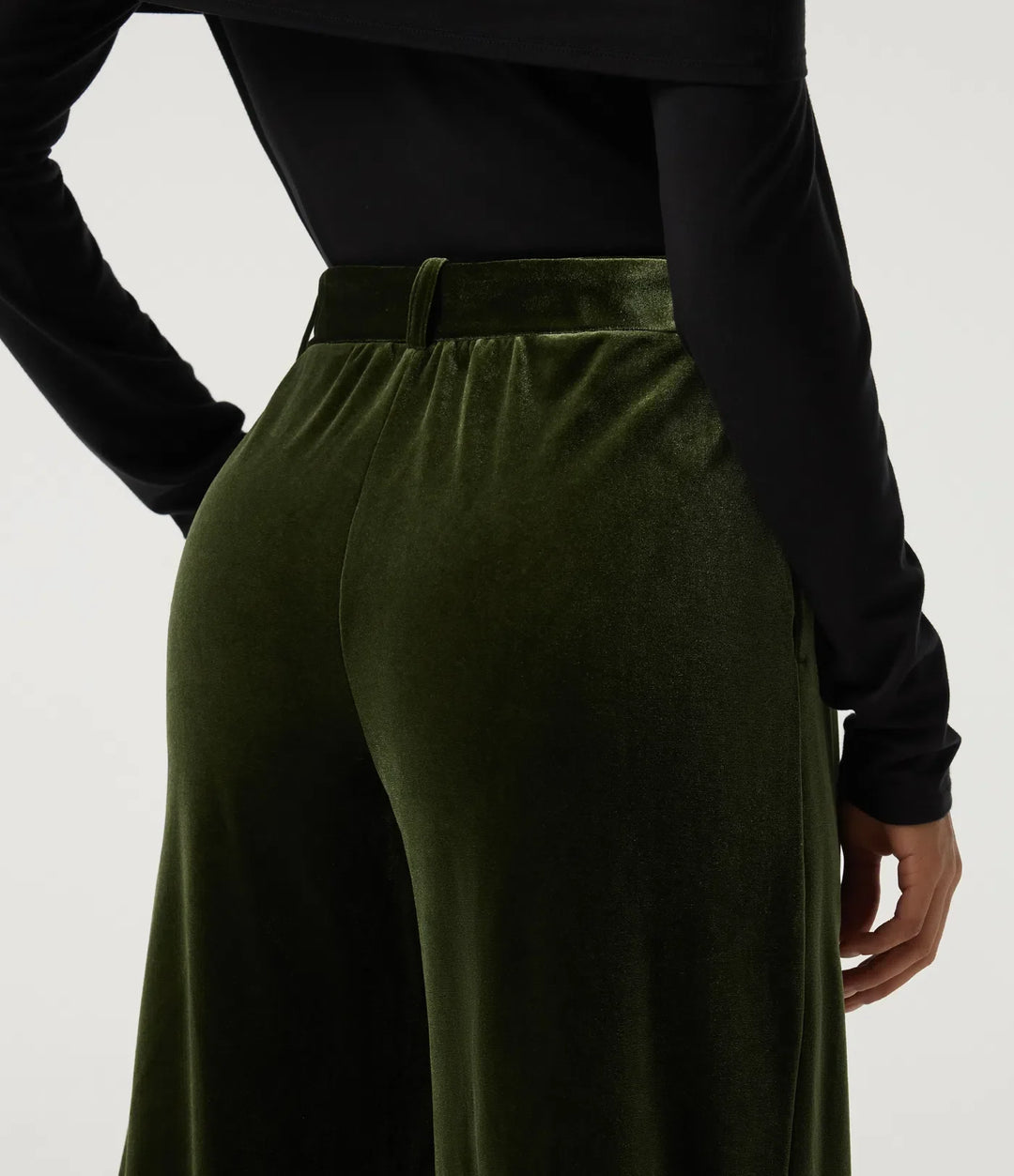 High Waisted Belted Wide Leg Velvet Casual Trousers with Pockets