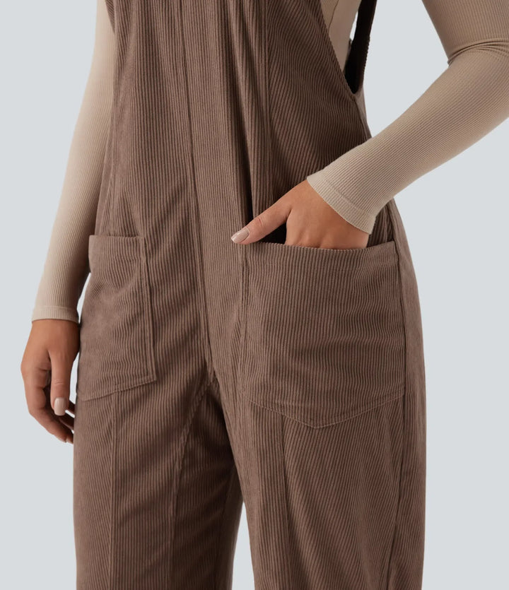 V Neck Corduroy Casual Overalls with Pockets