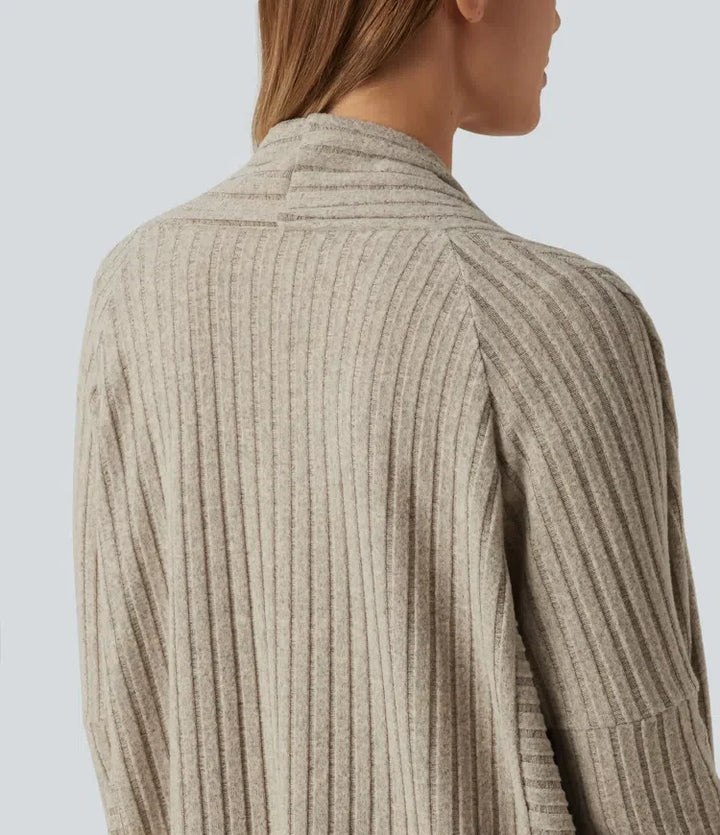 Ribbed Knit Batwing Long Sleeve Belted Casual Longline Cardigan