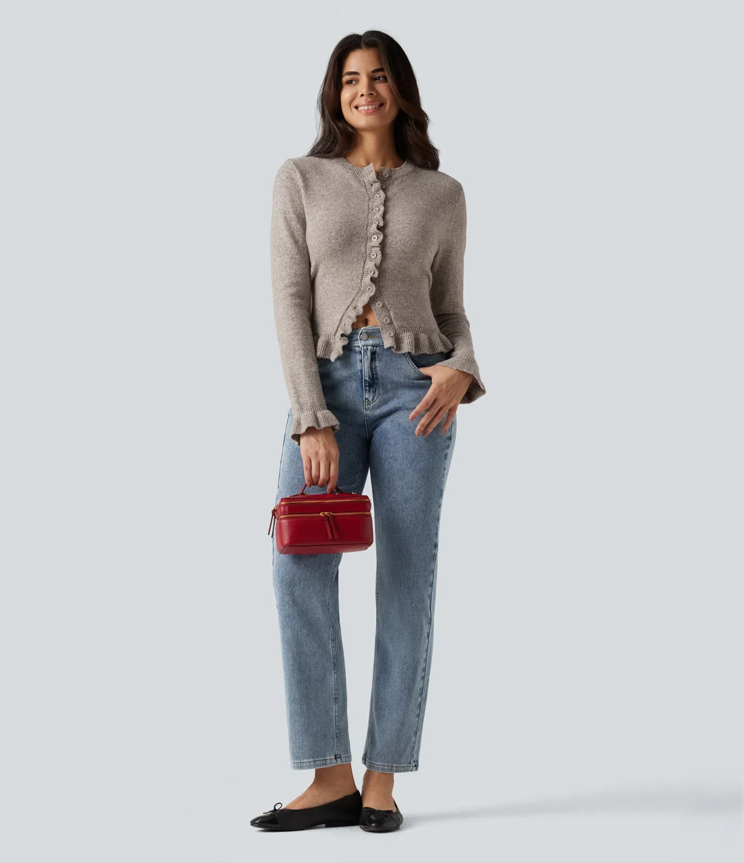 Round Neck Ruffle Long Sleeve Work Wool-Blend Cardigan