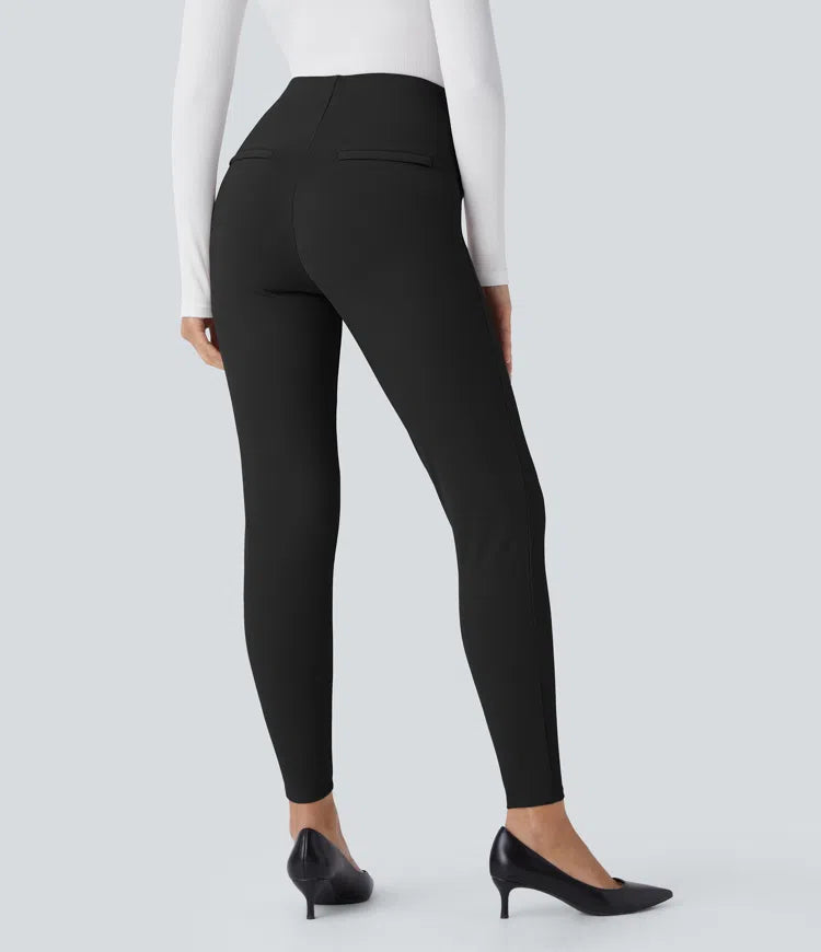 High Waisted Tummy Control Decorative Back Zipper Pockets Herringbone Work Trousers