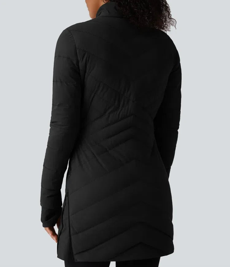 PuffFlex Stand Collar Long Sleeve Thumb Holes Zip Hem Stretchy Slim Casual Quilted Jacket with Pockets