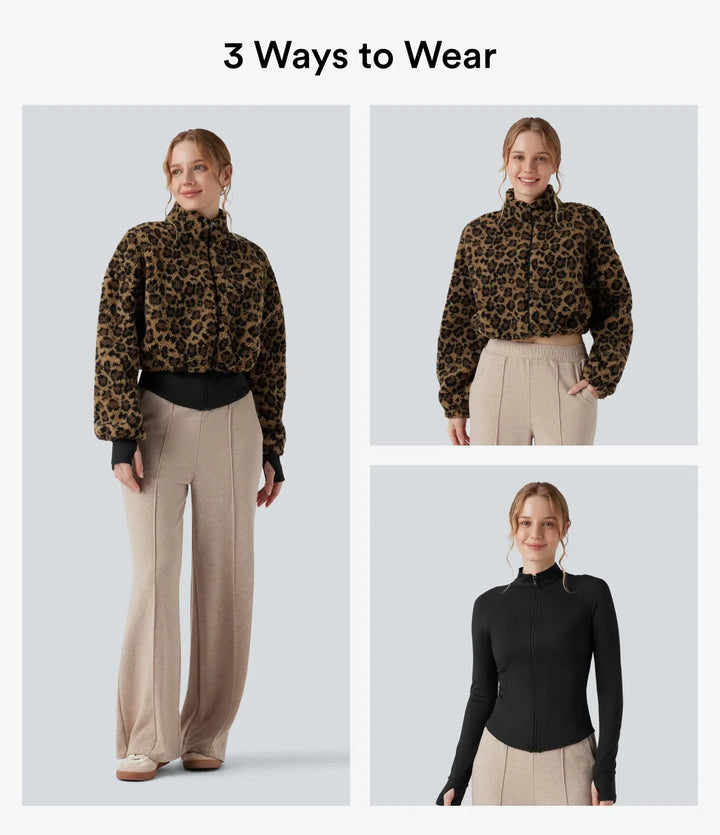 3-in-1 Stand Collar Long Sleeve Thumb Holes Jacket &amp; Drawstring Hem Sherpa Jacket with Pockets