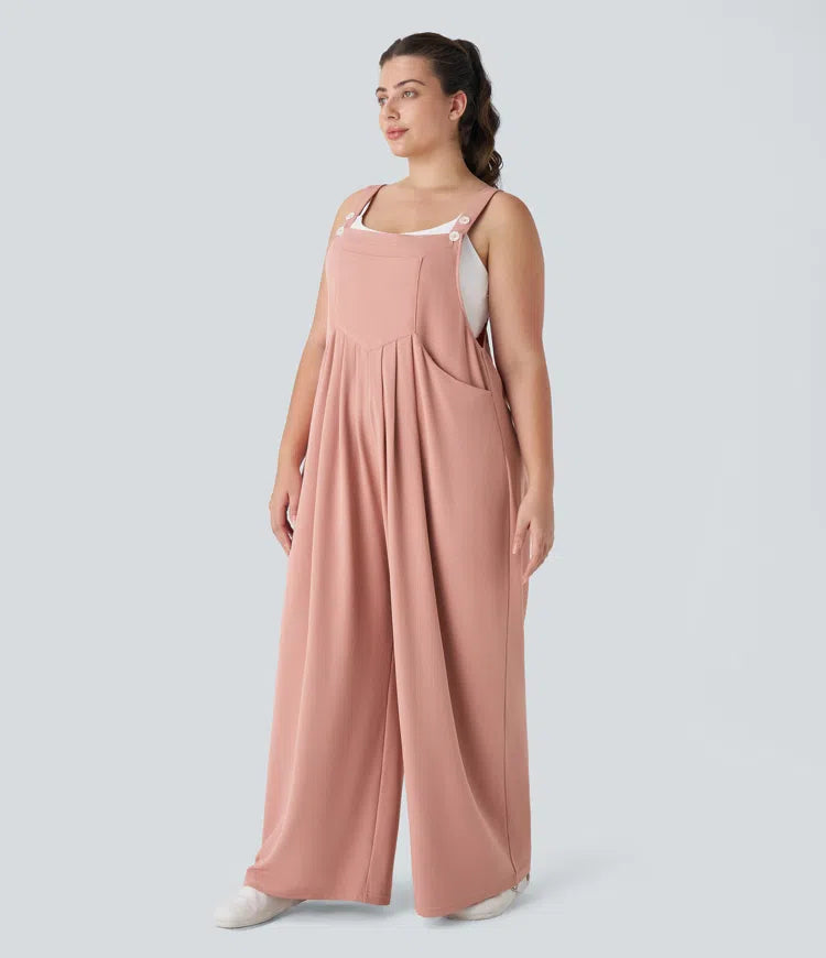 Adjustable Strap Button Multiple Pockets Waffle Casual Plus Size Dungarees