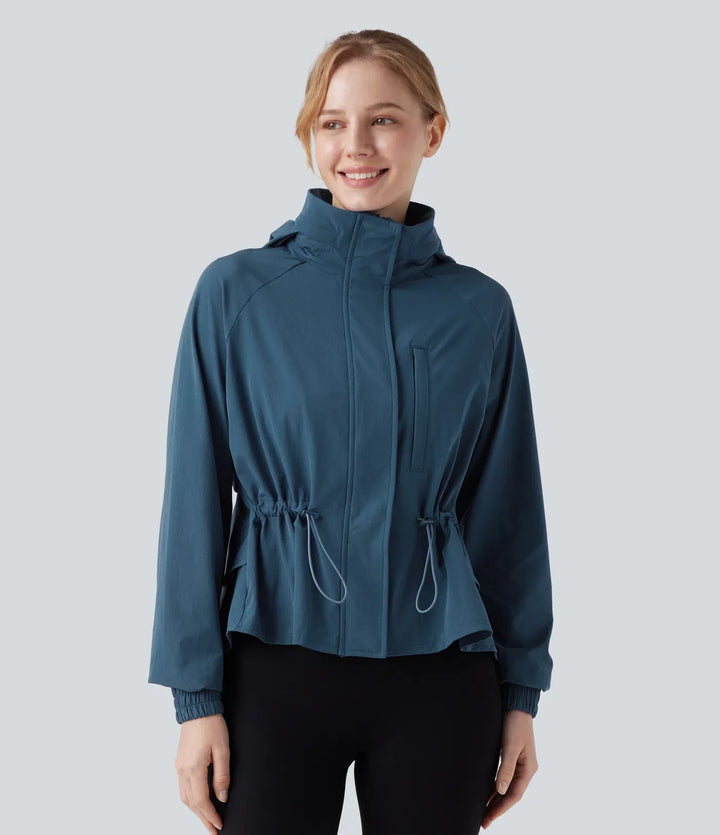 Stowable Hood Drawstring Contrast Mesh Ruffle Hem Workout Jacket with Pocket
