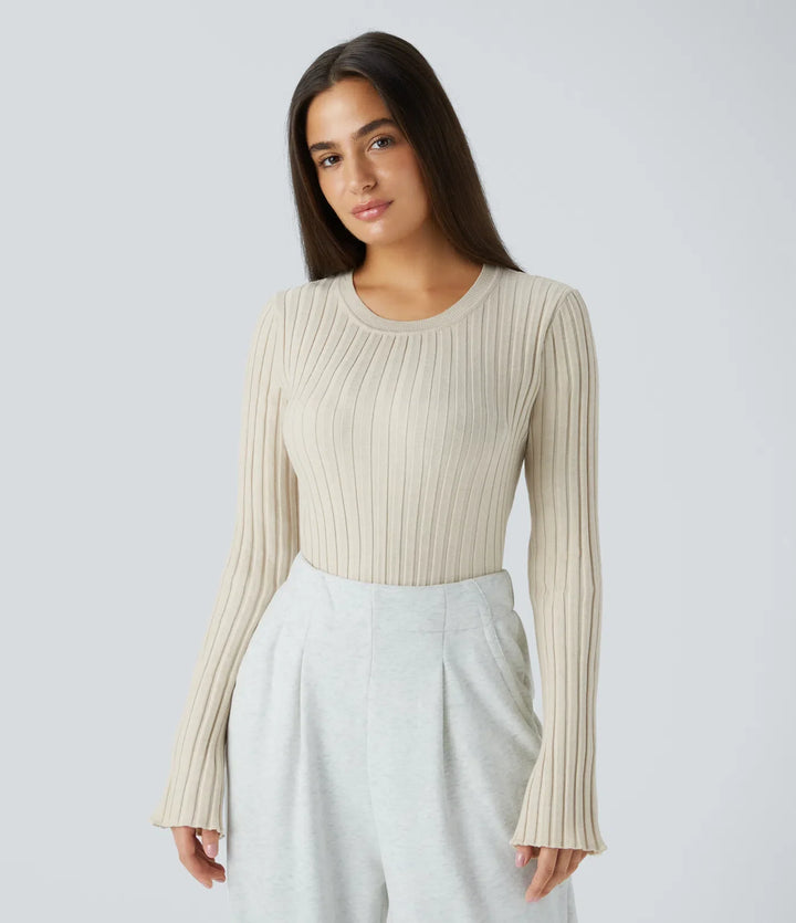 Round Neck Long Sleeve Frill Casual Jumper