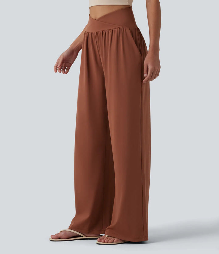 SoftlyZero Airy Crossover High Waisted InstantCool Casual Baggy Trousers with Pockets