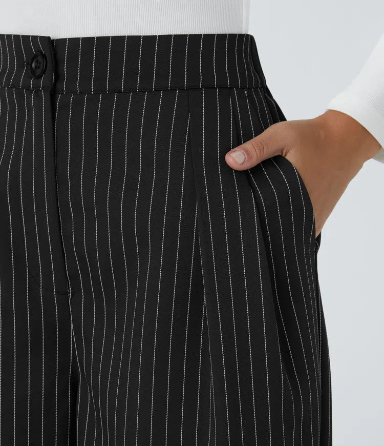 High Waisted Zipper Pocket Wide Leg Striped Work Trousers