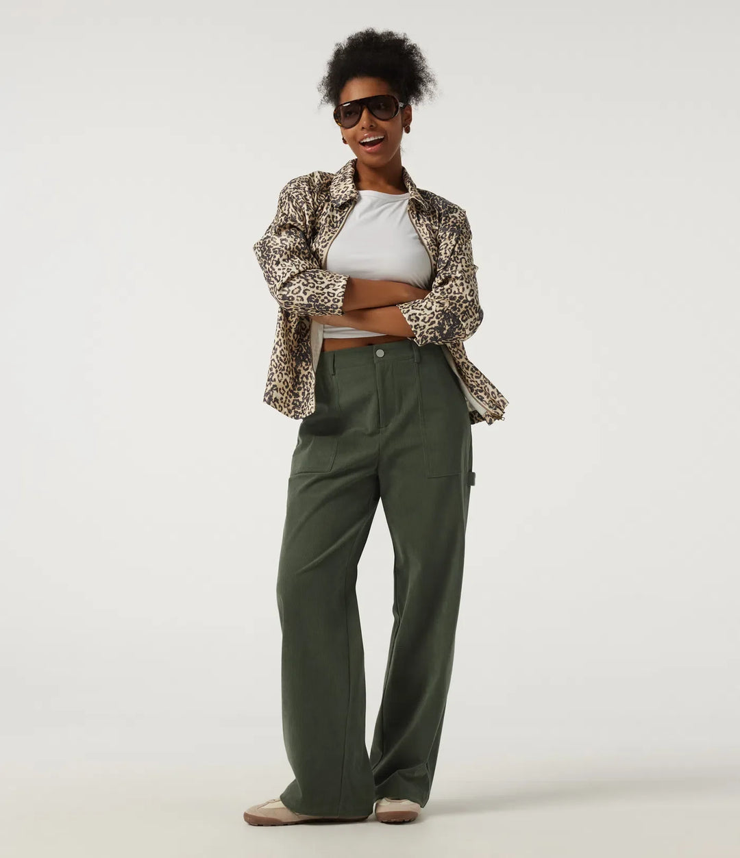 Mid Rise Wide Leg Corduroy Casual Trousers with Pockets