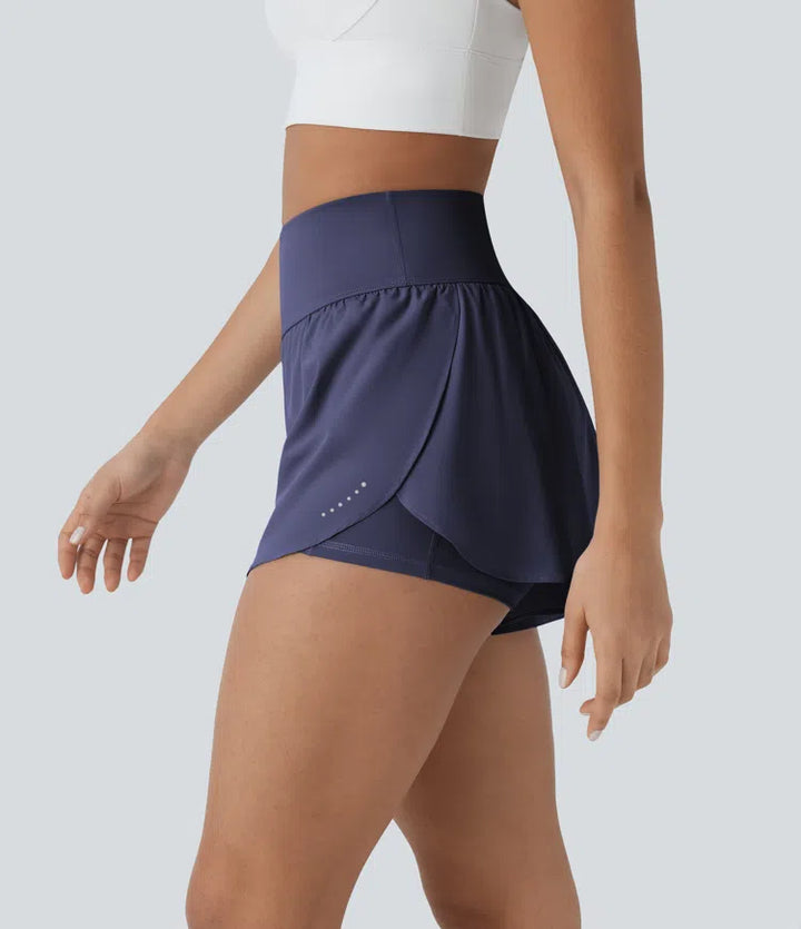 SoftlyZero QuickDry High Waisted Tummy Control Reflective Dots Crossover Hem 2-in-1 Running Shorts 3&