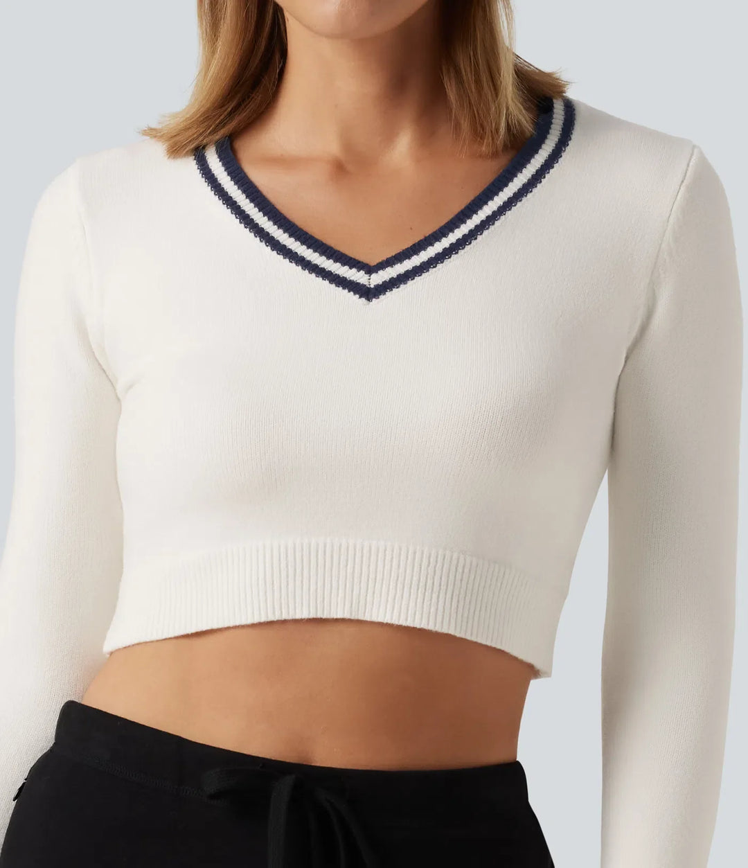 V Neck Slim Long Sleeve Patterned Casual Cropped Jumper