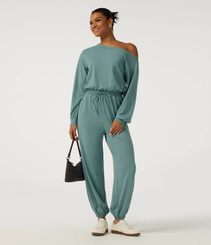 One Shoulder Long Sleeve Drawstring Casual Jumpsuit with Pockets - Easy Peezy Edition