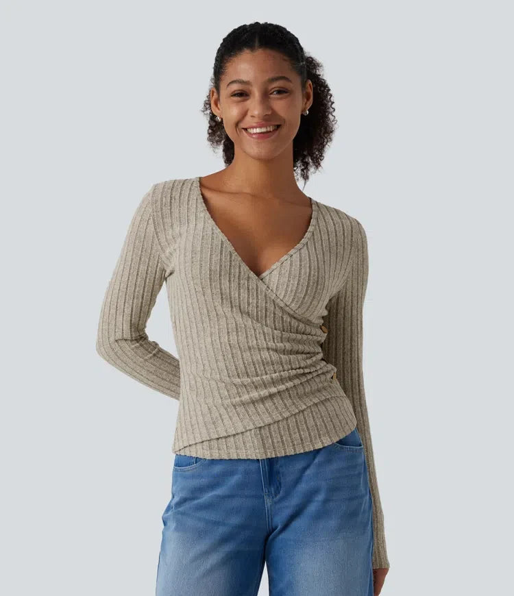 Ribbed Knit V Neck Long Sleeve Asymmetric Crossover Ruched Casual Slim Top