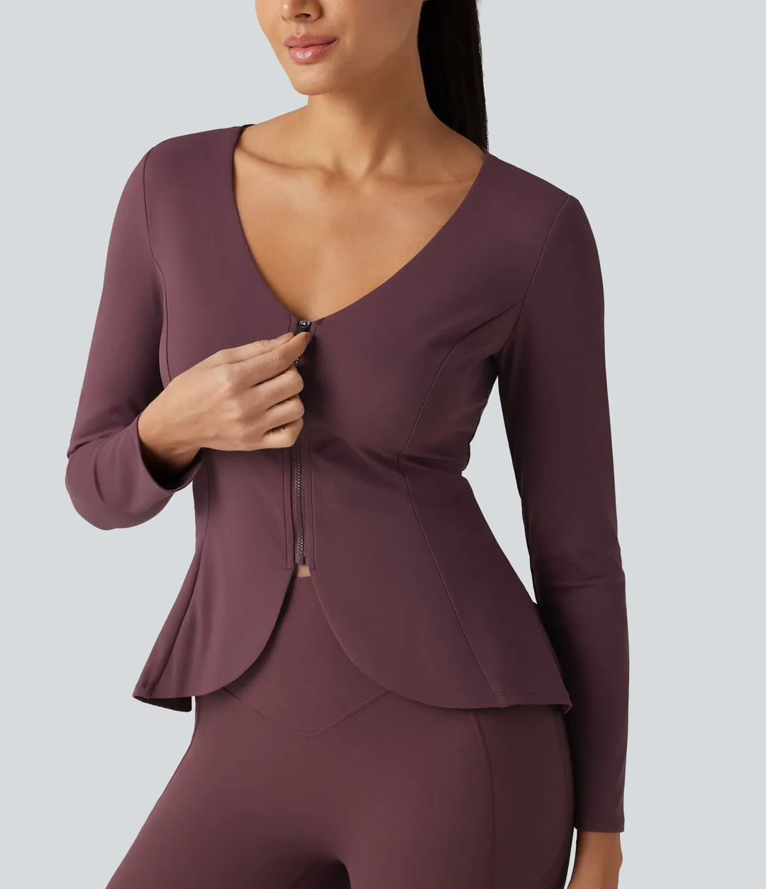 SoftlyZero Plush V Neck Long Sleeve Slim Ruffle Hem Yoga Jacket with Pockets