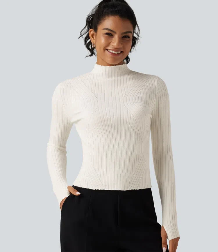 Mock Neck Long Sleeve Slim Work Jumper with Thumbholes