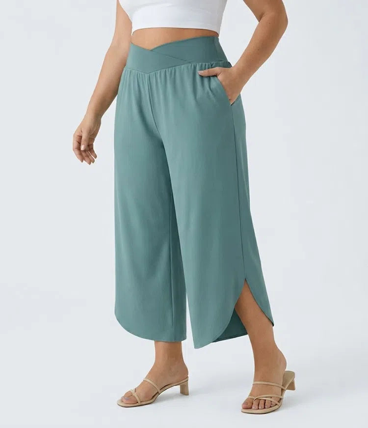 Breezeful High Waisted Crossover Side Pocket Split Quick Dry Resort Plus Size Trousers