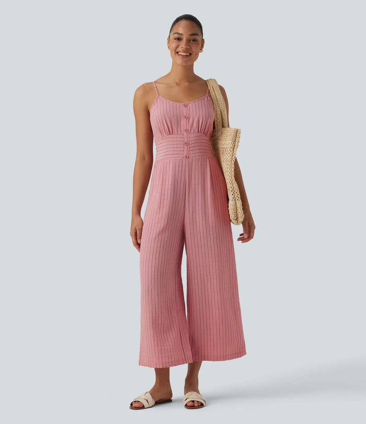 Tie Back Cut Out Stripe Linen-Feel Slip Jumpsuit with Pockets