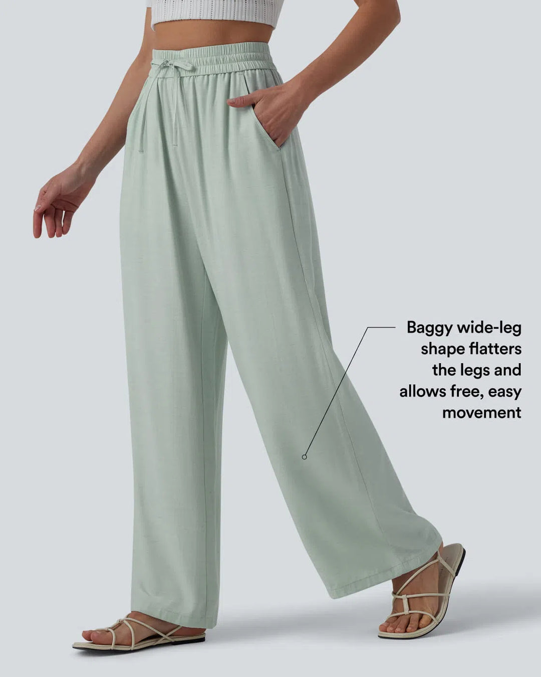 High Waisted Drawstring Wide Leg Casual Linen-Blend Trousers with Pockets