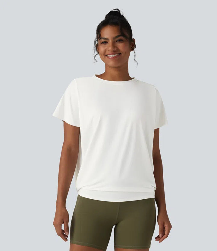 Round Neck Short Sleeve Ruched InstantCool Yoga Sports Top-UPF50+