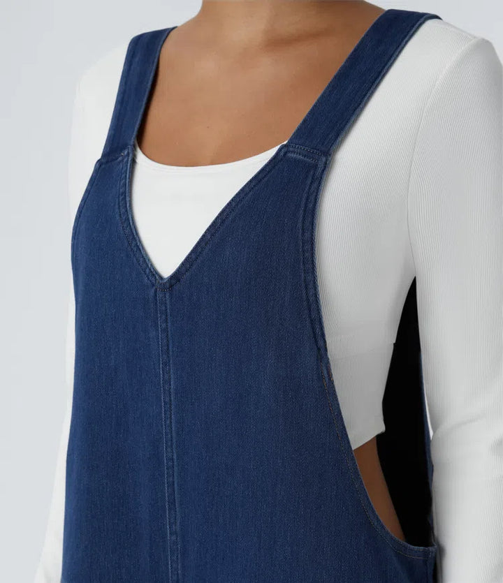 Halara Flex V Neck Pocket Washed Denim Casual Dungarees