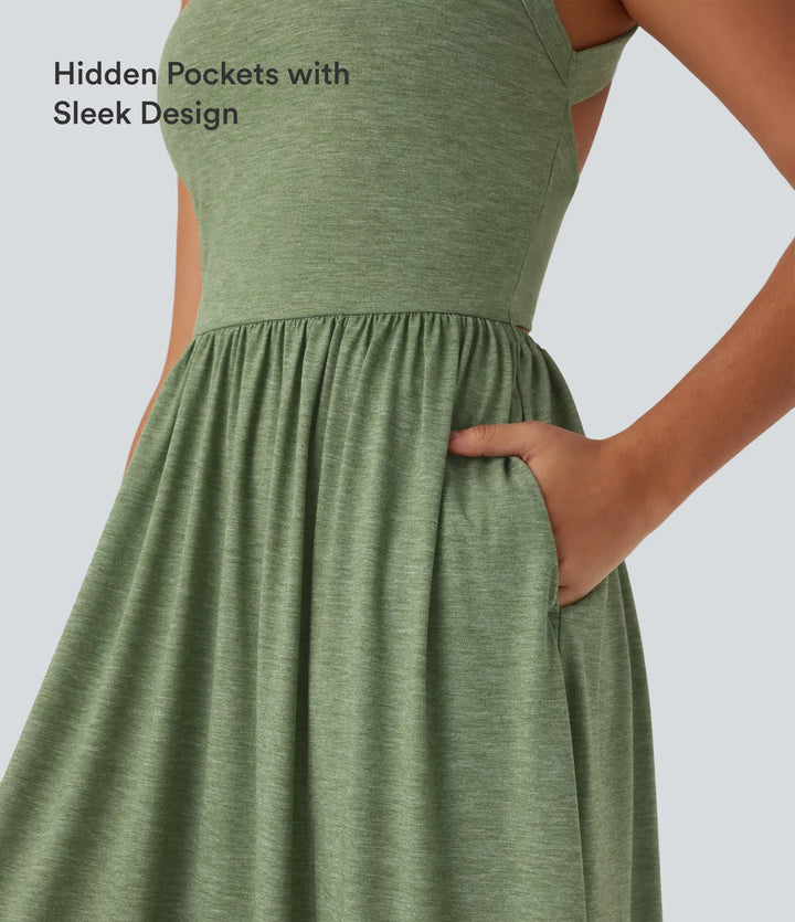 Twisted Backless Split Flowy Maxi Resort Dress with Pockets