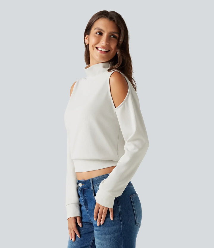 Mock Neck Cold Shoulder Long Sleeve Casual Sweatshirt